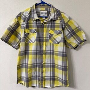 Ditch Plains Mens XXL Yellow Grey Plaid Pearl Snap Western Short Sleeve Shirt